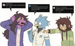 1boy 1girl 1other beak berdly_(deltarune) bird_boy brown_hair closed_eyes collared_shirt colored_sclera commentary deltarune english_commentary english_text furry furry_female furry_male glasses green_hoodie grimace hand_on_another&#039;s_shoulder hands_on_own_head highres hood hoodie index_finger_raised jacket kris_(deltarune) long_hair medium_hair purple_jacket round_eyewear shirt short_hair striped_clothes striped_hoodie susie_(deltarune) szivarvanyturmix02 tiktok white_shirt yellow_sclera