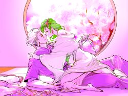 1boy 1girl aged_up ass bare_shoulders barefoot closed_mouth earrings edward_geraldine final_fantasy final_fantasy_iv final_fantasy_iv:_the_after_years full_body green_eyes green_hair hair_ornament japanese_clothes jewelry long_hair mochi_(hanamaruudondesu) open_mouth rydia_(ff4) scar scar_across_eye scar_on_face smile tree