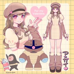 1girl 2boys acguy acguy_(cosplay) akahana arm_up artist_name belt black_bodysuit bodysuit boots bow bow_legwear breasts brown_boots brown_dress brown_hair brown_hat brown_leg_warmers brown_sleeves char_aznable character_name commentary cosplay cropped_torso detached_sleeves dress english_text eye_mask eyeshadow full_body grid_background grin gundam hand_up hat hat_ornament heart heart_hat_ornament helmet highres leg_warmers legs_apart long_sleeves looking_at_viewer makeup mecha medium_breasts mobile_suit mobile_suit_gundam multiple_boys multiple_views nail_polish newsboy_cap one-eyed pencil_dress pink_eyes pink_eyeshadow pink_nails puffy_short_sleeves puffy_sleeves red_bodysuit red_eyes red_nose ribbed_leg_warmers ribbed_sleeves robot shira_neri short_sleeves sidelocks sleeves_past_wrists smile socks standing teeth translated two-tone_dress valentine w wavy_hair white_belt white_helmet yellow_belt yellow_bow yellow_dress yellow_socks zeon