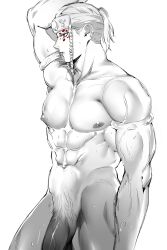 Rule 34 | 1boy, abs, absurdres, arm above head, bara, braid, completely nude, expressionless, feet out of frame, flaccid, forehead protector, greyscale, high ponytail, highres, kimetsu no yaiba, large pectorals, long hair, looking to the side, male focus, male pubic hair, monochrome, muscular, muscular male, navel, nipples, nude, parted lips, pectorals, penis, piercing, ponytail, pubic hair, single braid, sketch, solo, spot color, standing, stomach, tariah furlow, thick thighs, thighs, uzui tengen, veins, veiny arms, veiny penis