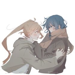 2girls blonde_hair blue_hair blush bocchi_the_rock! brown_jacket brown_scarf commentary crystal hands_on_another&#039;s_neck hood hood_down hooded_jacket ijichi_nijika jacket long_hair mole mole_under_eye multiple_girls one_side_up open_mouth raven_(099stardive) red_eyes scarf short_hair simple_background twitter_username white_background yamada_ryo yellow_eyes yuri