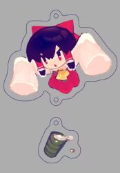 1girl ascot black_hair bow commentary cookie_(touhou) cup detached_sleeves dress frilled_hair_tubes frills full_body grey_background hair_bow hair_tubes hakurei_reimu kaiten_gunshuu_no_kage mini_person minigirl open_mouth red_bow red_dress red_eyes sakenomi_(cookie) solo touhou triangle_mouth v-shaped_eyes white_sleeves yellow_ascot yunomi