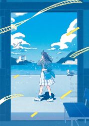 1girl ahoge bag bird blue_bag blue_hair blue_jacket blue_socks blue_theme cloud cloudy_sky commentary_request dress frilled_dress frills from_side full_body holding holding_bag jacket junngoro original seagull shoes sky socks solo standing water watermark white_shoes