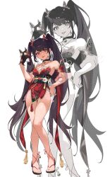 1girl armpits bea_lenoir bell black_hair black_sash breasts cleavage dress eyebrows_hidden_by_hair fox_mask full_body hand_on_own_hip highres holding holding_mask honkai:_star_rail honkai_(series) jingle_bell long_hair looking_at_viewer mask medium_breasts mole mole_under_each_eye mole_under_eye multiple_moles multiple_views neck_bell obi okobo open_mouth platform_sandals red_dress red_eyes sandals sash simple_background smile sparkle_(honkai:_star_rail) toes tongue tongue_out twintails very_long_hair white_background