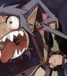 1boy 2girls =_= black_coat bloodshot_eyes blunt_bangs brick_wall closed_eyes coat commentary cosplay crayon_shin-chan crossover dress fern_(sousou_no_frieren) fern_(sousou_no_frieren)_(cosplay) frieren frieren_stuck_in_a_mimic_(meme) green_eyes grey_hair higemu highres indoors interlocked_fingers kanchou long_hair meme multiple_girls nohara_shinnosuke open_clothes open_coat open_mouth own_hands_together parody pointy_ears puckered_lips purple_eyes purple_hair screaming sharp_teeth sousou_no_frieren teeth thick_eyebrows tongue tongue_out white_dress wide-eyed