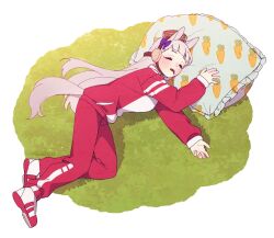 2girls animal_ears bow brown_headwear commentary_request ear_ribbon ggubii0225 gold_ship_(umamusume) grey_hair gym_uniform highres horse_ears horse_girl horse_tail horseshoe_ornament jacket korean_commentary long_hair lying multiple_girls on_side pants pillbox_hat pillow red_jacket red_pants red_track_suit sleeping tail tracen_training_uniform track_jacket track_pants track_suit twitter_username umamusume umamusume_(anime) yogibo