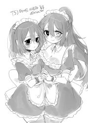 apron blush breasts cleavage cleavage_cutout closed_mouth clothing_cutout dress high_ponytail highres hong_lu_(project_moon) interlocked_fingers large_breasts limbus_company long_hair looking_at_viewer maid maid_apron maid_headdress medium_hair monochrome pmchell_04 ponytail press project_moon shiny_skin side-by-side simple_background sketch thighhighs unfinished yi_sang_(project_moon)