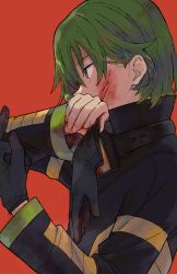 1boy blood blood_on_face brown_eyes cail_(pokemon) commentary_request creatures_(company) from_side game_freak gloves green_hair holding holding_unworn_clothes holding_gloves holding_unworn_clothes ittumozzz long_sleeves male_focus nintendo orange_background pokemon pokemon_colosseum scrape short_hair simple_background solo unworn_gloves upper_body