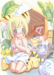 1girl :3 absurdres animal_ears bath blush green_eyes green_hair highres loli looking_back nude onsen pop short_hair tail towel