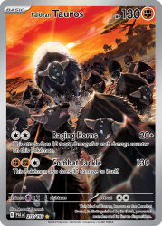 anesaki_dynamic animal_focus artist_name bull card_(medium) character_name closed_mouth cloud company_name copyright_name copyright_notice emphasis_lines english_text horns lens_flare nintendo no_humans official_art open_mouth orange_sky outdoors paldean_tauros paldean_tauros_(combat_breed) pokemon pokemon_(creature) pokemon_card pokemon_focus pokemon_tcg sky sun third-party_source trading_card tree v-shaped_eyes water