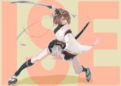 1girl absurdres black_hakama black_socks breasts brown_eyes brown_hair character_name echo-kilo flight_deck from_side full_body geta hachimaki hair_ribbon hakama hakama_short_skirt hakama_skirt headband highres holding holding_sword holding_weapon ise_(kancolle) ise_kai_ni_(kancolle) japanese_clothes kantai_collection katana large_breasts looking_ahead nontraditional_miko pleated_skirt ponytail red_ribbon ribbon short_hair skirt socks solo sword undershirt unsheathed weapon white_headband wide_sleeves