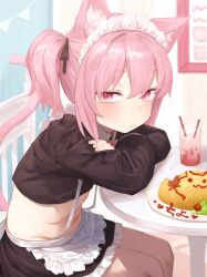 1girl absurdres animal_ears apron cat_ears cat_girl cat_tail food highres looking_at_viewer maid maid_headdress midriff nanihatomoare navel omelet omurice original pink_eyes pink_hair skirt solo table tail