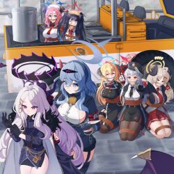 6+girls absurdres ahoge akari_(blue_archive) ako_(blue_archive) black_halo blonde_hair blue_archive blue_eyes blue_hair bound breasts car closed_mouth commentary demon_girl demon_horns demon_tail demon_wings english_commentary fuuka_(blue_archive) halo haruna_(blue_archive) hat highres hina_(blue_archive) horns indoors izumi_(blue_archive) junko_(blue_archive) juri_(blue_archive) long_hair motor_vehicle multiple_girls open_mouth pantyhose purple_eyes red_hair sitting skirt small_breasts smile standing tail tied_up_(nonsexual) twintails white_hair wings yami071