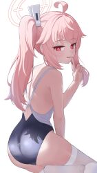 1girl absurdres ahoge alternate_costume ass blue_archive blush bright_pupils commentary_request finger_to_mouth fukujin halo highres index_finger_raised loli long_hair looking_at_viewer multicolored_swimsuit natsu_(blue_archive) one-piece_swimsuit open_mouth pink_hair pink_halo red_eyes shushing side_ponytail simple_background smile solo swimsuit thighhighs thighs white_background white_pupils white_thighhighs