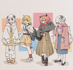 Rule 34 | 4girls, a.i. voice, absurdres, adachi rei, backpack, bag, belt, black bag, black hairband, black socks, black sweater, blonde hair, blue eyes, blue skirt, brown shorts, brown skirt, casual, cevio, coat, commentary request, diamond hair ornament, dress, fashion, flipped hair, full body, hair between eyes, hair ornament, hairband, hairclip, headlamp, highres, jacket, kafu (cevio), kagamine rin, kamitsubaki studio, kneehighs, layered skirt, lineup, long belt, long hair, long skirt, long sleeves, loose socks, low twintails, medium hair, multicolored eyes, multiple girls, open clothes, open coat, open jacket, orange eyes, orange hair, plaid clothes, plaid scarf, plaid skirt, puffy long sleeves, puffy sleeves, radio antenna, red coat, red pupils, red shirt, red socks, sabaku (saba9), scarf, sekai (cevio), shirt, shoes, shorts, shoulder bag, side ponytail, skirt, sneakers, socks, standing, sweater, t-shirt, traditional media, twintails, utau, very long hair, vocaloid, watercolor pencil (medium), wavy hair, white hair, white jacket, yellow dress
