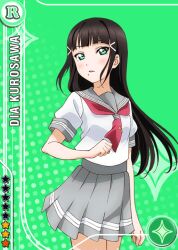 Rule 34 | 1girl, anime coloring, black hair, blunt bangs, blush, card (medium), character name, clenched hands, cowboy shot, green background, green eyes, grey sailor collar, grey skirt, hair ornament, hairclip, hand up, kurosawa dia, long hair, looking at viewer, looking to the side, love live!, love live! school idol festival, love live! sunshine!!, miniskirt, mole, mole under mouth, neckerchief, official art, parted lips, pleated skirt, red neckerchief, sailor collar, school uniform, serafuku, shirt, short sleeves, skirt, solo, standing, star (symbol), summer uniform, tie clip, uranohoshi school uniform, white shirt