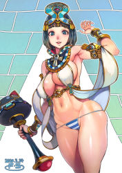 1girl ancient_egyptian_clothes ancient_princess_menace bad_id bad_pixiv_id black_hair blue_eyes blush breasts crown curvy f.s. female_focus highres large_breasts lips looking_at_viewer menace_(queen&#039;s_blade) navel panties queen&#039;s_blade revealing_clothes scepter setra shiny_skin short_hair smile solo standing striped_clothes striped_panties thong underboob underwear wide_hips