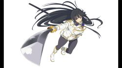 1girl absurdres armband black_hair black_pantyhose blue_armband blue_eyes blunt_bangs boots breasts foreshortening gloves gluteal_fold highres holding holding_sword holding_weapon ikaruga_(senran_kagura) large_breasts long_hair long_sleeves non-web_source official_art open_mouth pantyhose pillarboxed senran_kagura senran_kagura_burst_re:newal shirt skirt solo sword very_long_hair weapon white_background white_boots white_gloves white_shirt white_skirt yaegashi_nan