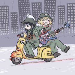 2girls animal animal_on_head black_footwear black_gloves black_hair blonde_hair blood blood_in_hair blood_on_clothes blood_on_face blood_on_ground blood_on_vehicle chito_(shoujo_shuumatsu_ryokou) city closed_eyes coat combat_helmet flcl fur-trimmed_coat fur_trim gloves green_coat green_pants guitar hair_tie helmet instrument motor_vehicle multiple_girls music nuko_(shoujo_shuumatsu_ryokou) on_head open_mouth pants playing_instrument scooter shoujo_shuumatsu_ryokou truffleduster vespa yuuri_(shoujo_shuumatsu_ryokou)