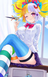 1girl akirappy blonde_hair blue_hair breasts crossed_legs grey_hair heart heart-shaped_pupils highres jack_the_ripper_(monster_strike) monster_strike multicolored_hair one_eye_closed symbol-shaped_pupils