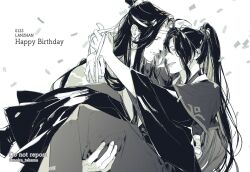 Rule 34 | 2boys, ahoge, black hair, blush, boots, carrying, chinese clothes, closed eyes, closed mouth, confetti, couple, dated, greyscale, hanfu, happy birthday, headband, high ponytail, hug, lan wangji, long hair, long sleeves, looking at another, male focus, modao zushi, moirae, monochrome, multiple boys, open mouth, ponytail, princess carry, robe, sidelocks, simple background, smile, topknot, twitter username, watermark, wei wuxian, white background, wide sleeves, xiao guan (headdress), yaoi