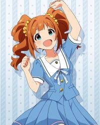 Rule 34 | 1girl, aqua background, aqua ribbon, aqua shirt, aqua skirt, arm up, blush, brown hair, card (medium), cowboy shot, green eyes, hand up, idolmaster, idolmaster million live!, idolmaster million live! theater days, official art, open mouth, ribbon, sailor collar, scrunchie, shirt, short sleeves, skirt, smile, solo, standing, star (symbol), summer junior highschool (idolmaster), summer uniform series (idolmaster), takatsuki yayoi, twintails, white sailor collar