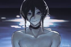 Rule 34 | 1girl, aphrody, black hair, blue eyes, blurry, blurry background, chainsaw man, chinese commentary, choker, collarbone, commentary, hair between eyes, highres, light reflection (water), long bangs, long hair, looking at viewer, night, night sky, nude, outdoors, reze (chainsaw man), scene reference, signature, sky, smile, solo, straight-on, upper body, water, wet