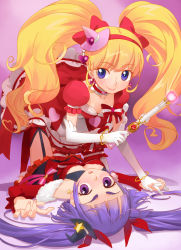 2girls bare_shoulders blonde_hair blunt_bangs blush bow bracelet breasts choker cleavage cure_magical cure_magical_(ruby_style) cure_miracle cure_miracle_(ruby_style) dress earrings elbow_gloves fingernails forehead garter_straps gloves gradient_background hair_ribbon hat heart heart_earrings heart_wand highres hirai_yukio holding_hands izayoi_liko jewelry lips long_hair long_sleeves looking_at_viewer lying mahou_girls_precure! mini_hat mini_witch_hat multiple_girls on_person open_mouth precure purple_background purple_eyes purple_hair red_bow red_choker red_dress red_ribbon red_thighhighs ribbon ruby_style small_breasts smile star_(symbol) star_earrings thighhighs twintails witch_hat