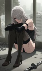 1girl a2_(nier:automata) android armlet bare_shoulders black_panties black_tank_top black_thighhighs blue_eyes building commentary crossed_arms dirty elbow_gloves english_commentary ferealp3 gloves grey_hair hair_over_one_eye high_heels highres indoors jewelry joints knees_up long_hair nier:automata nier_(series) panties robot_joints rubble sitting sword tank_top thighhighs tree underwear weapon white_hair