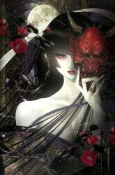 1girl absurdres bare_shoulders black_hair blunt_bangs blurry blurry_foreground breasts bug butterfly camellia chrysanthemum_print clothes_lift collarbone earrings eyeshadow fingernails floral_background floral_print floral_print_kimono flower full_moon hair_over_breasts half-closed_eyes highres holding holding_mask insect japanese_clothes jewelry kimono kimono_lift large_breasts long_fingernails long_hair looking_at_viewer makeup mask mole mole_on_breast mole_under_mouth moon one_eye_covered oni_mask original pale_skin parted_lips print_kimono purple_eyes purple_nails purple_rope red_eyeshadow red_lips red_mask rope satsuki_kei sharp_fingernails sidelocks smoke solo
