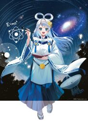 Rule 34 | 1girl, artist name, atom, blue eyes, blue hair, blue hakama, book, calligraphy brush, commentary, crescent, crescent hair ornament, detached sleeves, e=mc2 (equation), flower knot, full body, galaxy, hair ornament, hair rings, hakama, hakama skirt, hand up, highres, holding, holding book, holding calligraphy brush, holding paintbrush, japanese clothes, kariginu, kuroda (kuro yyy), long hair, looking at viewer, night, night sky, okobo, open book, open mouth, orbital path, orbited, original, paintbrush, parabolic antenna, pelvic curtain, planet, planetary ring, platform sandals, pleated skirt, pom pom (clothes), promotional art, sandals, see-through body, side slit, skirt, sky, smile, socks, solo, standing, star (sky), starry sky, sun, sun hair ornament, swept bangs, tabi, tassel, teeth, tree, twitter username, upper teeth only, white sleeves, white socks, wide sleeves