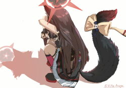 1girl animal_ear_fluff animal_ears asymmetrical_legwear black_gloves black_kimono black_nails blue_archive bow brown_hair cat_shadow_puppet_(meme) commentary_request fingerless_gloves fishnet_thighhighs fishnets fox_ears fox_girl fox_tail from_behind full_body gloves halo hands_up highres japanese_clothes kimono kitaaraga long_hair meme mismatched_legwear nail_polish red_halo shadow simple_background single_thighhigh solo squatting straight_hair tail tail_bow tail_ornament tail_raised thigh_strap thighhighs twitter_username very_long_hair wakamo_(blue_archive) white_background yellow_bow