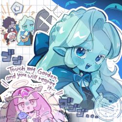 Rule 34 | 1boy, 3girls, angel wings, aqua sclera, asymmetrical eyelashes, basket, black sapphire cookie, blue dress, blue skin, candy apple cookie, candy apple hair ornament, chibi, cloak, colored sclera, colored skin, cookie run, cookie run: kingdom, disguise, dress, eternal sugar cookie, flower basket, heterochromia, highres, holding, holding basket, hood, hooded cloak, humanization, ishrkut, long hair, looking at viewer, multiple girls, pink eyes, pink hair, pink skin, pure vanilla cookie, pure vanilla cookie (truthless recluse), shadow milk cookie, shadow milk cookie (female), very long hair, white dress, wings