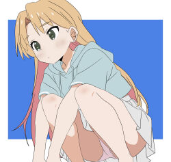1girl absurdres blonde_hair blue_hoodie cropped_hoodie green_eyes highres hood hoodie kuresome long_hair looking_to_the_side panties pantyshot pink_panties pleated_skirt ruri_no_houseki short_sleeves skirt solo squatting tanigawa_ruri underwear white_skirt