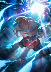 1girl absurdres ahoge animal_ear_fluff animal_ears black_shorts blonde_hair blue_eyes brown_hair electricity energy energy_ball fang full_body glowing glowing_eyes hair_between_eyes highres imizu_(nitro_unknown) layered_sleeves lens_flare lightning long_hair long_sleeves looking_at_viewer loose_socks low_ponytail magic mamehinata open_mouth ponytail red_shirt ribbon shirt shoes short_over_long_sleeves short_sleeves shorts skin_fang smile sneakers socks solo tail visor_cap vrchat