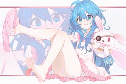 1girl ahoge bare_legs barefoot blue_hair blush date_a_live daxieshen_huashi dress embarrassed feet frilled_dress frills full_body grey_background hair_between_eyes hand_on_own_leg himekawa_yoshino knees_together_feet_apart legs licking licking_foot long_hair looking_at_viewer open_mouth panties pink_dress pink_socks short_dress short_sleeves socks soles toes tongue underwear very_long_hair white_panties yoshinon zoom_layer
