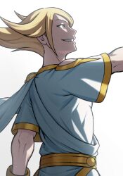 1boy bite_addict blonde_hair clothing_cutout from_side grey_eyes grin highres long_hair looking_up male_focus nintendo outstretched_arm pointy_hair pokemon pokemon_legends:_arceus shirt short_sleeves shoulder_cutout simple_background smile solo teeth volo_(pokemon) white_background white_shirt