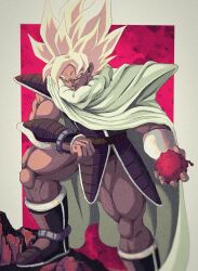 1boy alternate_universe blonde_hair border bure_(fantasticyouth7) cape dark-skinned_male dark_skin dragon_ball dragonball_z food fruit highres holding holding_food holding_fruit male_focus medium_hair muscular muscular_male red_background red_eyes saiyan_armor solo spiked_hair standing super_saiyan super_saiyan_1 tullece white_border white_cape