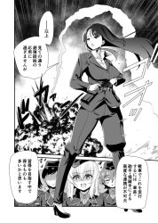Rule 34 | 5girls, akaboshi koume, breasts, comiket 103, full body, girls und panzer, gloves, greyscale, itsumi erika, kojima emi, kuromorimine military uniform, long hair, looking at viewer, military uniform, monochrome, multiple girls, nishizumi shiho, open mouth, speech bubble, yokoshima takemaru