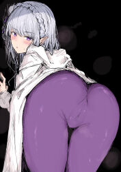 1girl ass bent_over blush bodysuit braid cloak commentary crown_braid elf emilia_(re:zero) hair_bun highres hood hood_down hooded_cloak huge_ass long_hair looking_at_viewer official_alternate_costume open_mouth pointy_ears purple_bodysuit purple_eyes re:zero_kara_hajimeru_isekai_seikatsu sakiya_(sak1_01) single_hair_bun solo sweat white_cloak white_hair
