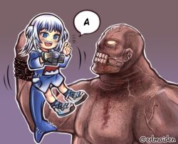 Rule 34 | 1girl, blue eyes, blue hair, blush stickers, camera, chain, chris walker, fins, fish tail, gawr gura, glowing, glowing eyes, hololive, hololive english, hood, hoodie, lifting person, looking at another, multicolored hair, octoppoi, open mouth, outlast, shark tail, sharp teeth, simple background, smile, streaked hair, tail, teeth, veins, virtual youtuber, white hair, yellow eyes