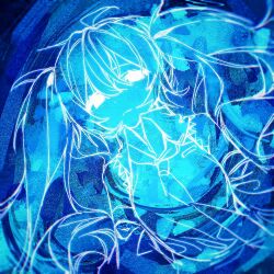 1girl ahoge arms_at_sides bare_shoulders blue_background breasts chinese_commentary closed_mouth collared_shirt commentary_request detached_sleeves double-parted_bangs dutch_angle empty_eyes frilled_shirt_collar frills from_above frown hair_between_eyes hatsune_miku lineart long_hair long_sleeves looking_at_viewer lying makucrp necktie no_pupils on_back shirt simple_background sleeveless sleeveless_shirt small_breasts solo twintails vocaloid