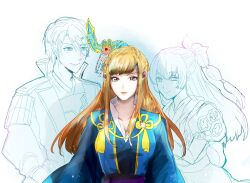 armor azai_nagamasa blonde_hair breasts brown_eyes chacha cleavage family father_and_daughter hair_ornament japanese_clothes kimono lips lipstick long_hair makeup mother_and_daughter oichi oichi_(sengoku_musou) ponytail sengoku_musou smile yukata