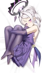 1girl ansauce bare_shoulders blue_archive blush curtained_hair demon_girl demon_horns demon_wings dress earrings elbow_gloves gloves hair_bun highres hina_(blue_archive) hina_(dress)_(blue_archive) horns jewelry looking_at_viewer lying official_alternate_costume official_alternate_hairstyle on_side pantyhose parted_lips purple_dress purple_eyes purple_gloves purple_pantyhose solo white_hair wings
