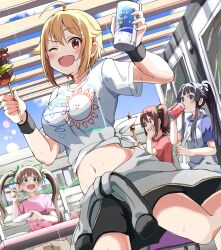 4girls ahoge apron black_hair black_shorts blonde_hair blue_eyes blue_shirt blue_sky blush bow breasts brown_eyes brown_hair brown_pants can chopsticks clothes_around_waist cloud cola collarbone commentary_request drink_can drinking food green_bow hair_bow hair_tubes hakozaki_serika hand_on_own_face hand_up hands_up happy haruki_(haruki678) highres holding holding_can holding_chopsticks holding_food holding_plate ibuki_tsubasa idolmaster idolmaster_million_live! jacket jacket_around_waist kasuga_mirai large_breasts long_hair looking_at_food looking_at_viewer medium_hair midriff mogami_shizuka multiple_girls navel one_eye_closed one_side_up open_mouth outdoors pants plate ponytail print_shirt raised_eyebrows red_eyes red_shirt running shirt shish_kebab short_hair short_sleeves shorts single_hair_tube sky smile soda_can standing strawberry_pop_moon_(idolmaster) sweat sweatdrop t-shirt tied_shirt twintails white_apron white_jacket white_shirt