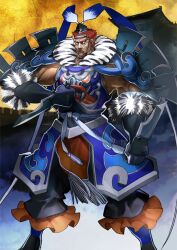 Rule 34 | 1boy, architecture, armor, black gloves, black hat, blank eyes, chinese clothes, closed mouth, clothing request, dark-skinned male, dark skin, east asian architecture, facial tattoo, fate/grand order, fate (series), feet out of frame, forehead protector, fur-trimmed gloves, fur collar, fur trim, gloves, hat, legs apart, lu bu (fate), male focus, muscular, muscular male, official art, outdoors, red hair, short hair, solo, standing, tattoo, third-party source, variant set, wada arco