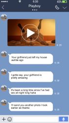 Rule 34 | 1boy, 1girl, ass, bar censor, bed, black bean, black legwear, boy on top, cellphone, censored, chat log, commentary request, condom, deep penetration, english text, erection, hard-translated, hetero, highres, indoors, legs up, line (naver), lying, mating press, netorare, nude, on back, original, penis, phone, fake phone screenshot, play button, play symbol, pussy, sex, smartphone, testicles, text messaging, third-party edit, timestamp, translated, used condom, vaginal, video (object)