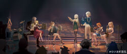 1boy 6+girls ;) absurdres accordion arms_up black_footwear black_jacket black_pants black_pantyhose black_suit blonde_hair blue_dress blue_eyes blue_shirt bow_(music) butler closed_eyes concert conductor_baton crossed_legs dikke_(reverse:1999) dress drum drum_set drumsticks formal_clothes green_eyes green_jumpsuit green_necktie grey_hair hands_up high_heels highres holding holding_baton holding_bow_(music) holding_drumsticks holding_instrument holding_saxophone holding_violin indoors instrument jacket jumpsuit lilya_(reverse:1999) long_hair long_skirt looking_at_another matilda_bouanich medium_hair mr._karson multiple_girls music music_stand necktie old old_man on_stool one_eye_closed one_side_up open_mouth orange_hair pants pantyhose pavia_(reverse:1999) playing_instrument ponytail red_footwear red_skirt regulus_(reverse:1999) reverse:1999 saxophone schneider_(reverse:1999) sheet_music shirt short_jumpsuit singing sitting sitting_on_lap sitting_on_person skirt smile socks sonetto_(reverse:1999) sotheby stage standing suit suit_jacket twintails vertin_(reverse:1999) violin voyager_(reverse:1999) watermark weibo_watermark white_dress white_hair white_pants white_shirt white_socks wide_shot xiao_longxia_mianbao