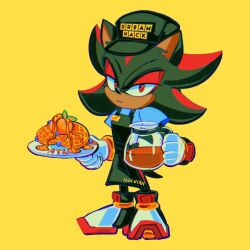 1boy animal_ears animal_nose apron black_apron black_fur black_hat blue_shirt closed_mouth clothes_writing commentary cup english_commentary english_text food fruit full_body furry furry_male gloves half-closed_eyes hands_up hat hedgehog highres holding holding_plate jar looking_at_viewer male_focus multicolored_fur multicolored_shoes name_tag nolvini pancake pancake_stack pitcher_(container) plate red_eyes red_fur red_shoes shadow_the_hedgehog shirt shoes short_sleeves solo sonic_(series) standing syrup tail two-tone_fur white_gloves white_shoes yellow_background