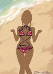 1girl beach bikini completely_nude day dressed_shadow_(meme) female_pov floral_print_bikini hand_in_own_hair highres implied_nudity kurosawa_dia love_live! love_live!_sunshine!! meme multi-strapped_bikini_bottom multi-strapped_bikini_top nude ocean official_alternate_costume outdoors pov red_bikini sand shadow signature solo standing swimsuit unworn_bikini unworn_clothes water
